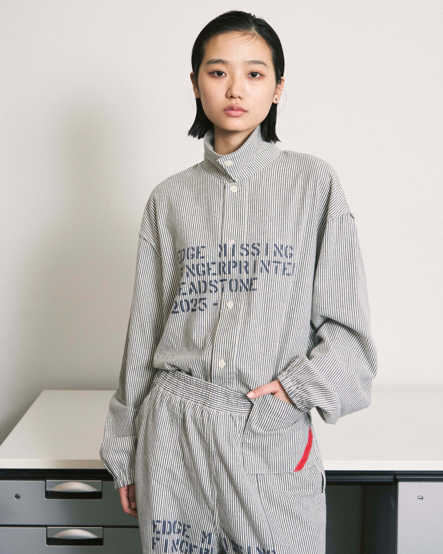 HAND-STENCILED NIGHT SHIRT STRIPE OFF WHITE
