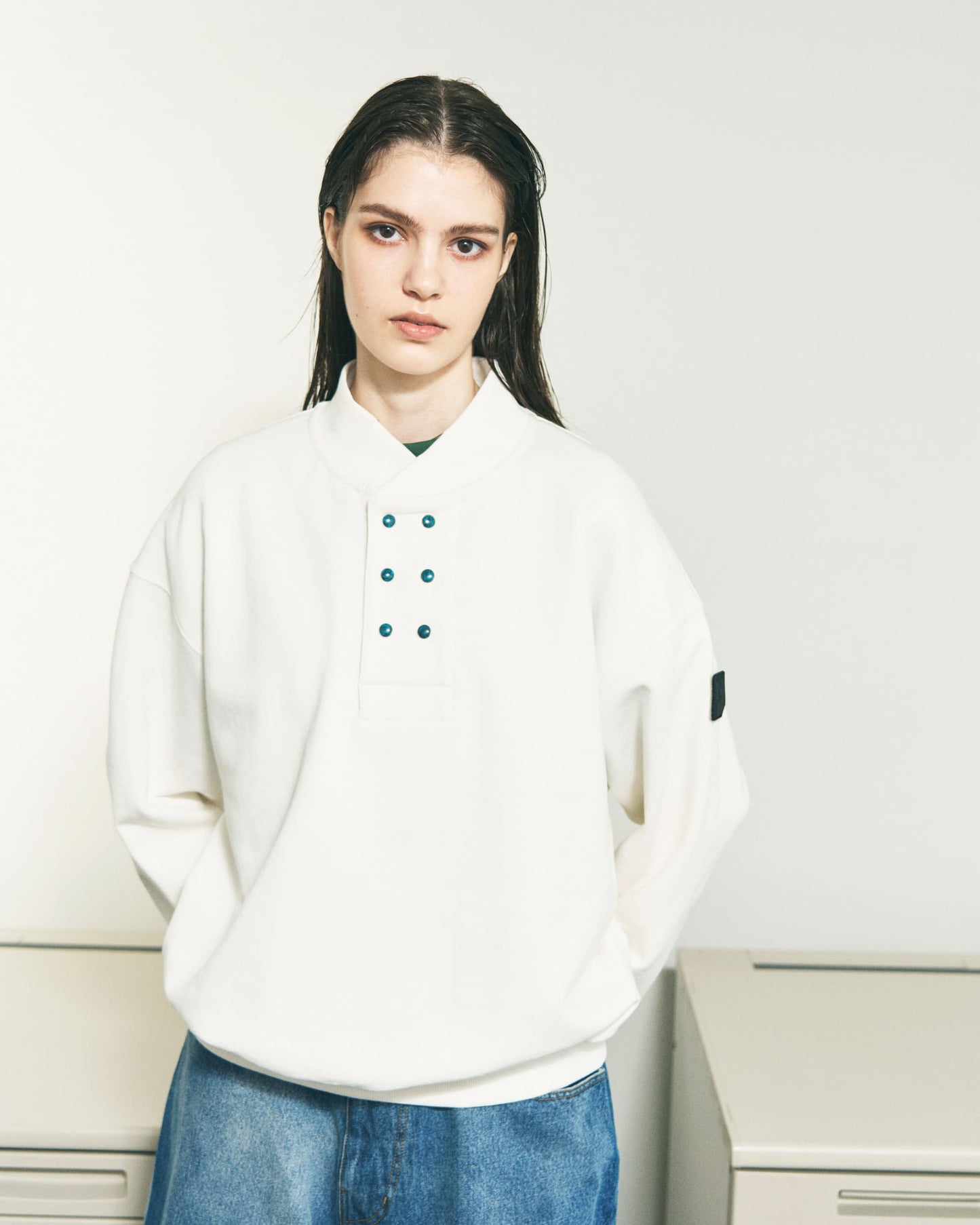 DOUBLE HENLEY STONE SNAP SWEATSHIRT BLACK