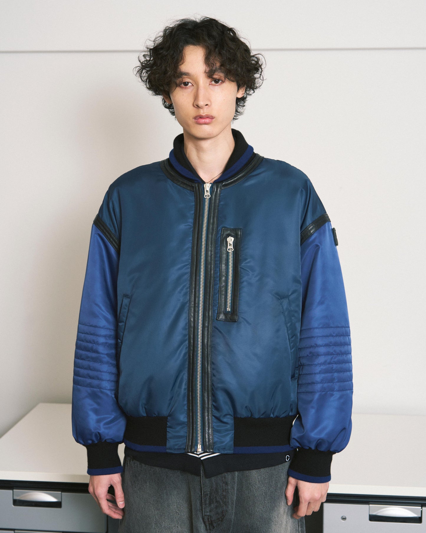 TRIM LEATHER BOMBER JACKET BLACK