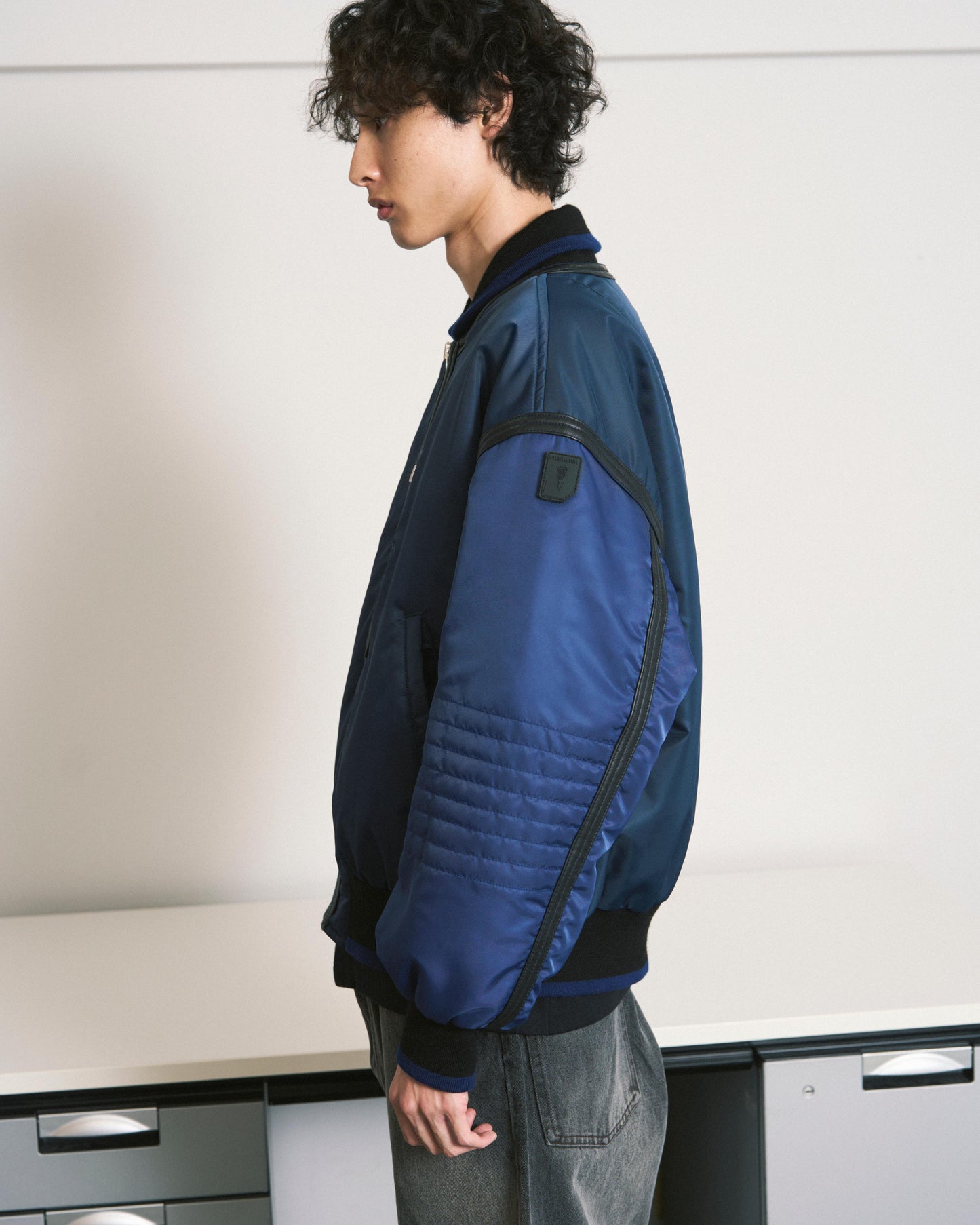 TRIM LEATHER BOMBER JACKET BLACK