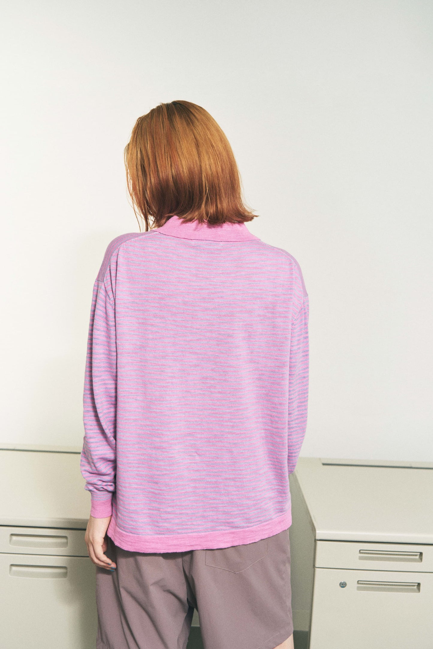 SLAB GAUZE KNIT SHIRT STRIPE BROWN x GREY