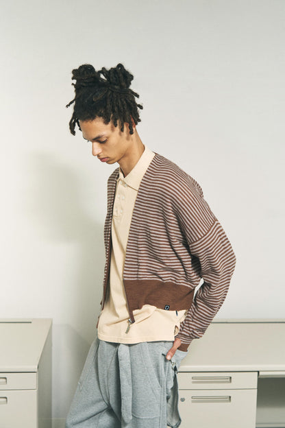SLAB GAUZE KNIT BOLERO STRIPE BROWN x GREY