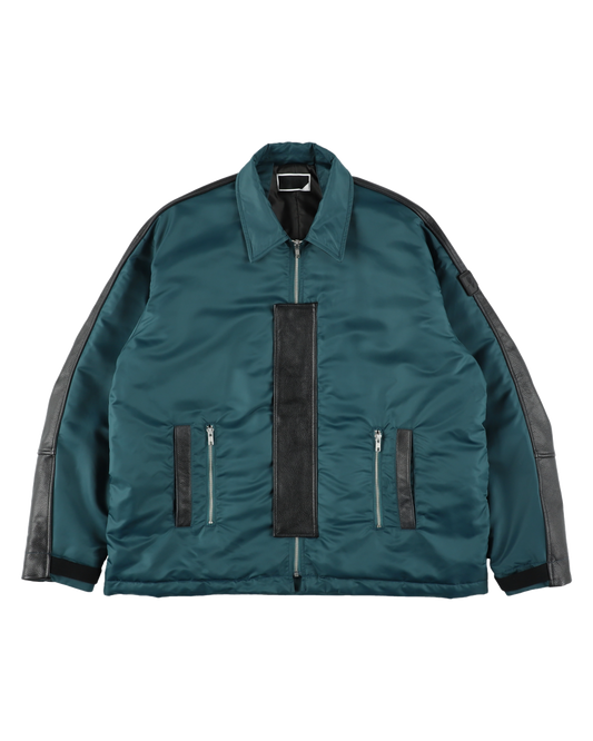 PART LEATHER TRUCKER JACKET NAVY GREEN