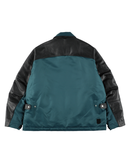 PART LEATHER TRUCKER JACKET NAVY GREEN