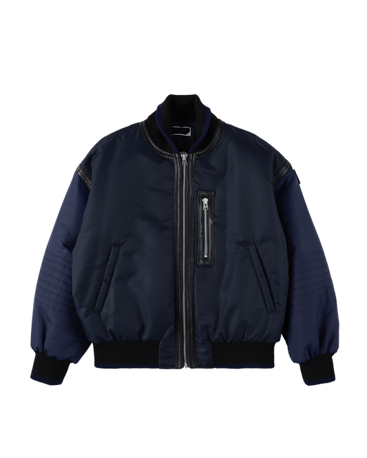 TRIM LEATHER BOMBER JACKET NAVY