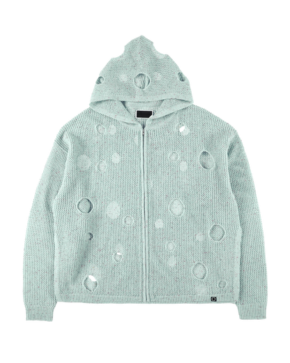 HOLE KNIT ZIP HOODIE SAX