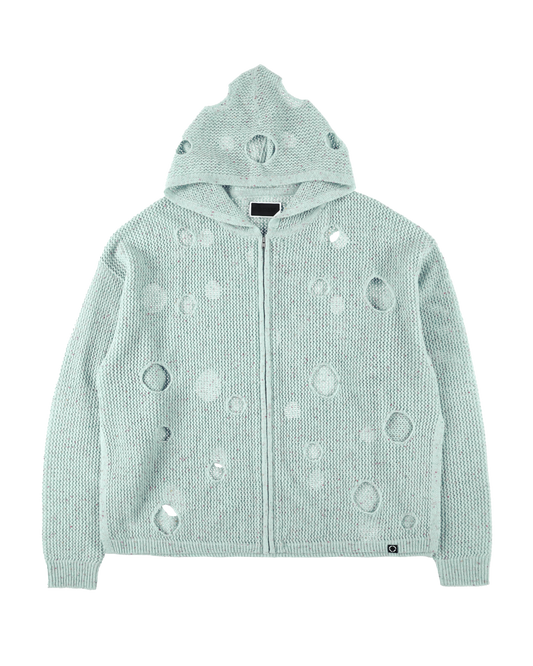 HOLE KNIT ZIP HOODIE SAX