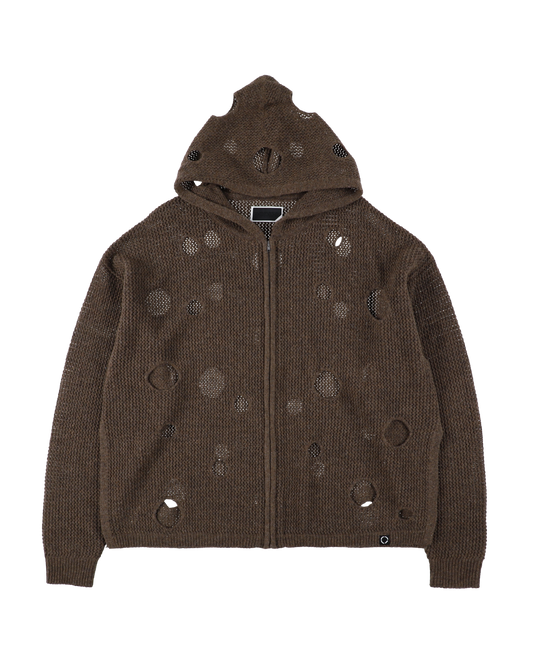 HOLE KNIT ZIP HOODIE BROWN