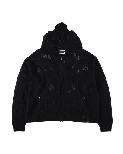 HOLE KNIT ZIP HOODIE BLACK