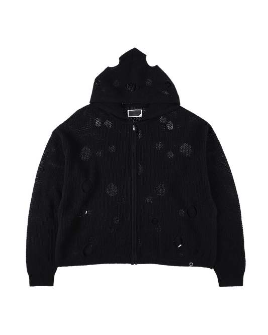 HOLE KNIT ZIP HOODIE BLACK