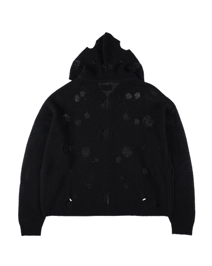 HOLE KNIT ZIP HOODIE BLACK