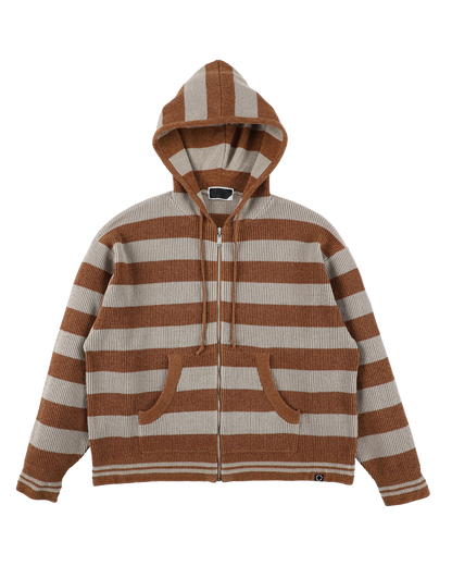 CORDY KNIT ZIP HOODIE STRIPE GRAY × BROWN