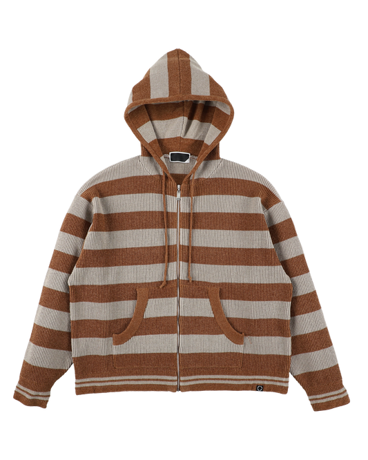 CORDY KNIT ZIP HOODIE STRIPE GRAY × BROWN