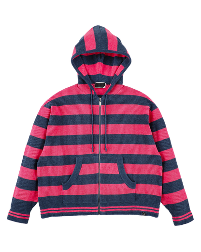 CORDY KNIT ZIP HOODIE STRIPE PINK × NAVY