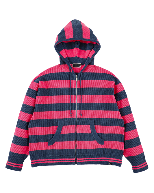 CORDY KNIT ZIP HOODIE STRIPE PINK × NAVY