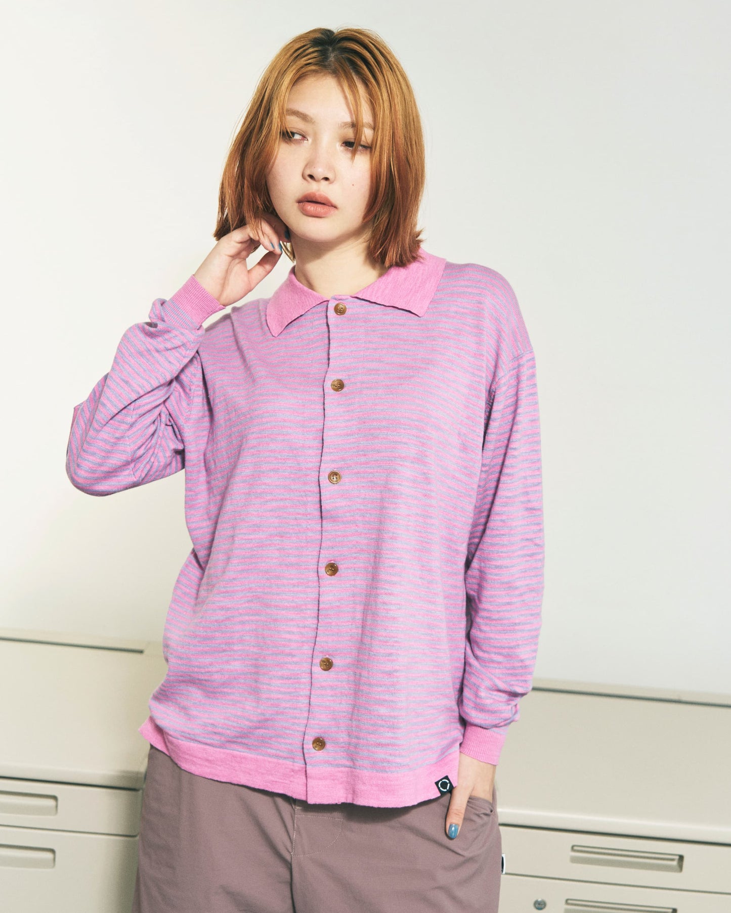 SLAB GAUZE KNIT SHIRT STRIPE BROWN x GREY