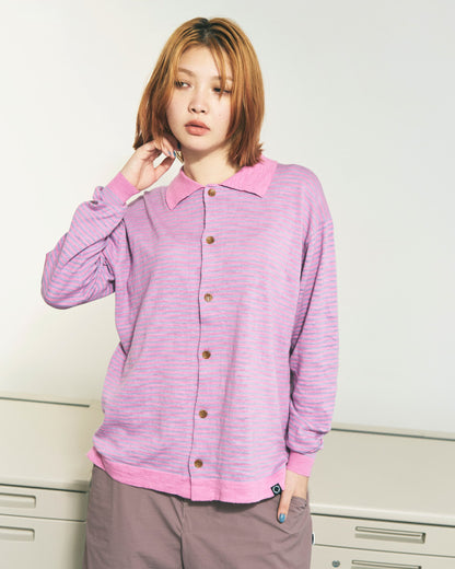 SLAB GAUZE KNIT SHIRT STRIPE BROWN x GREY