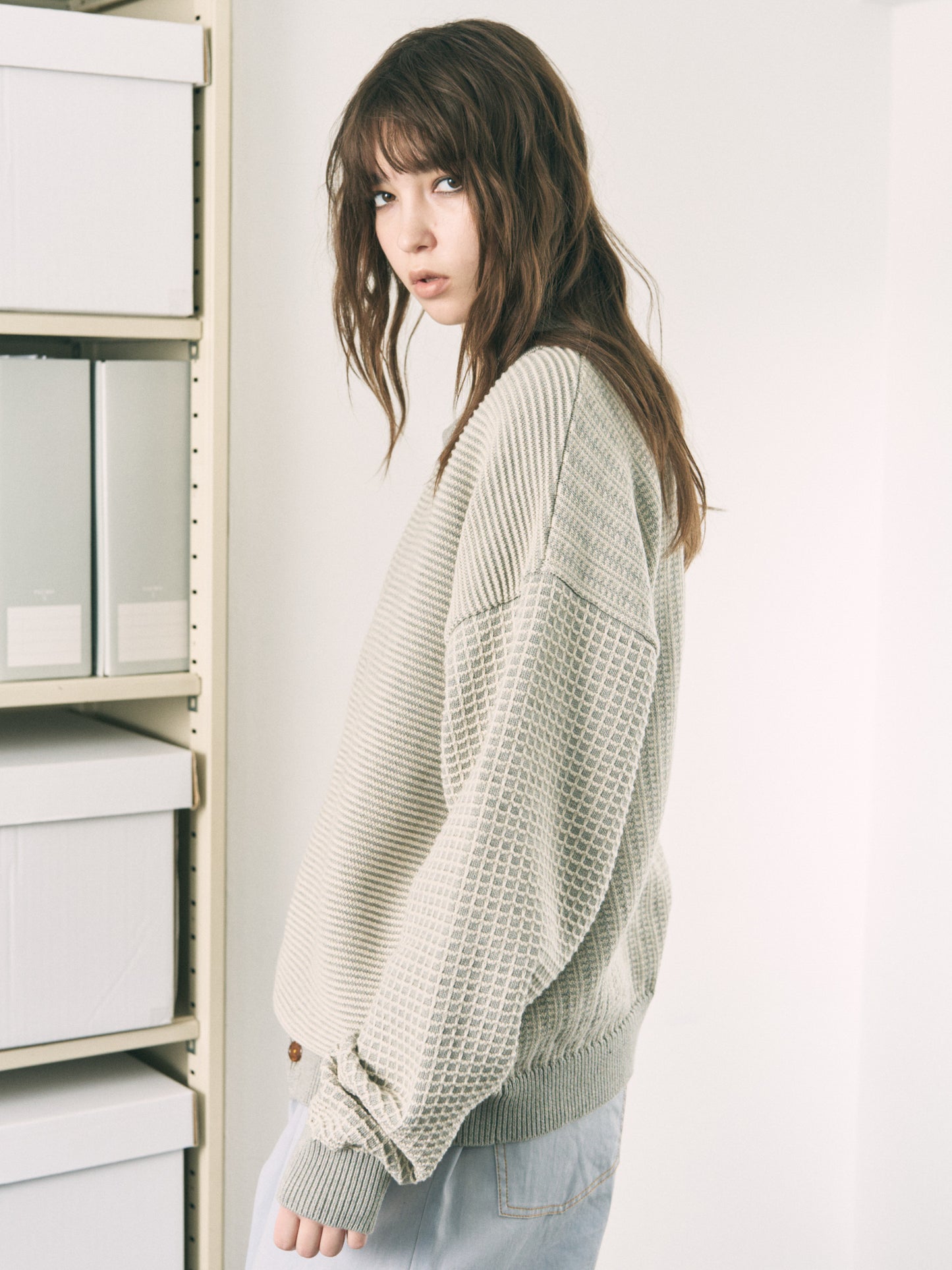 MULTI KNIT SHIRT JACKET GRAY × OATMEAL