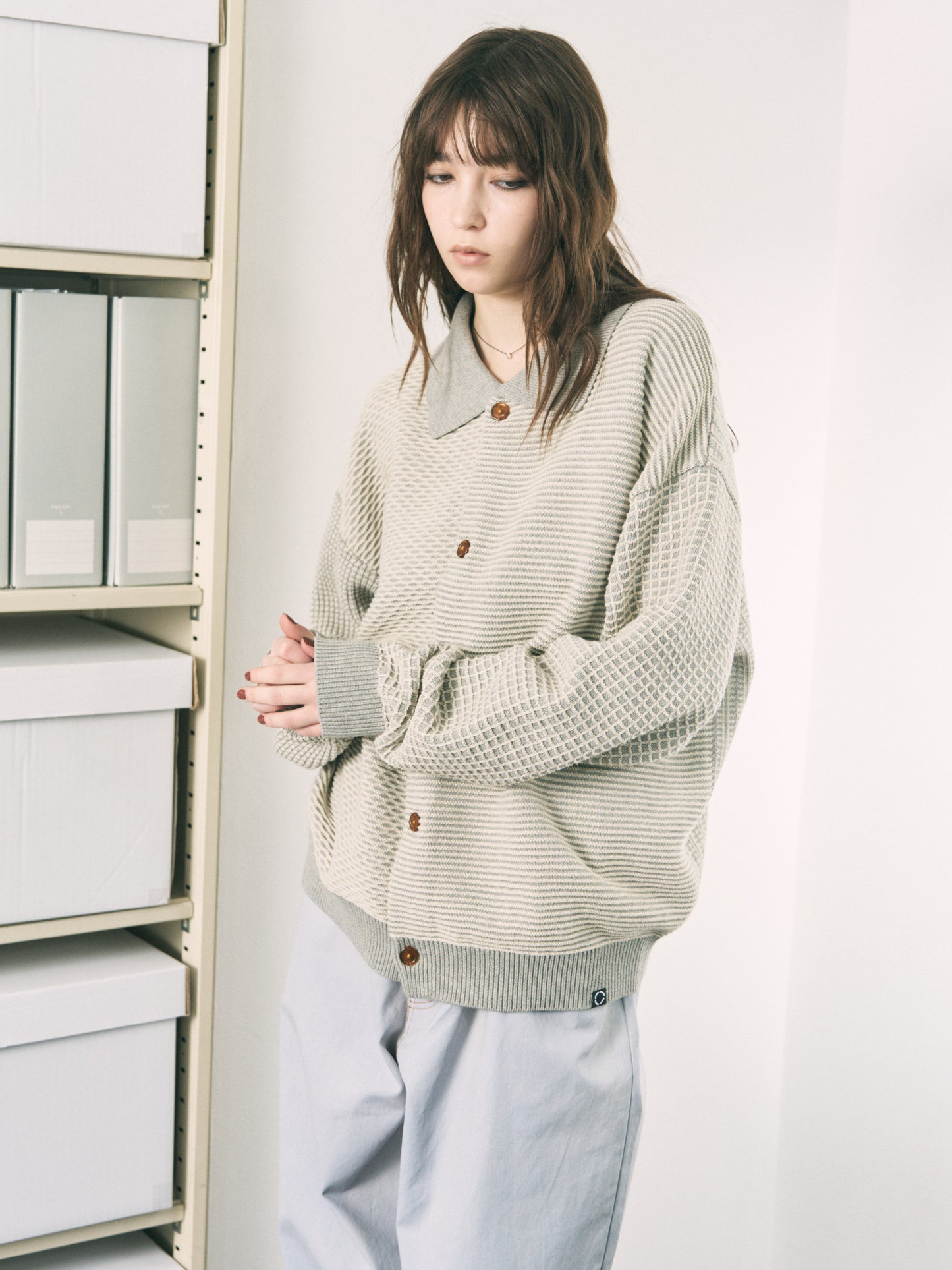 MULTI KNIT SHIRT JACKET GRAY × OATMEAL
