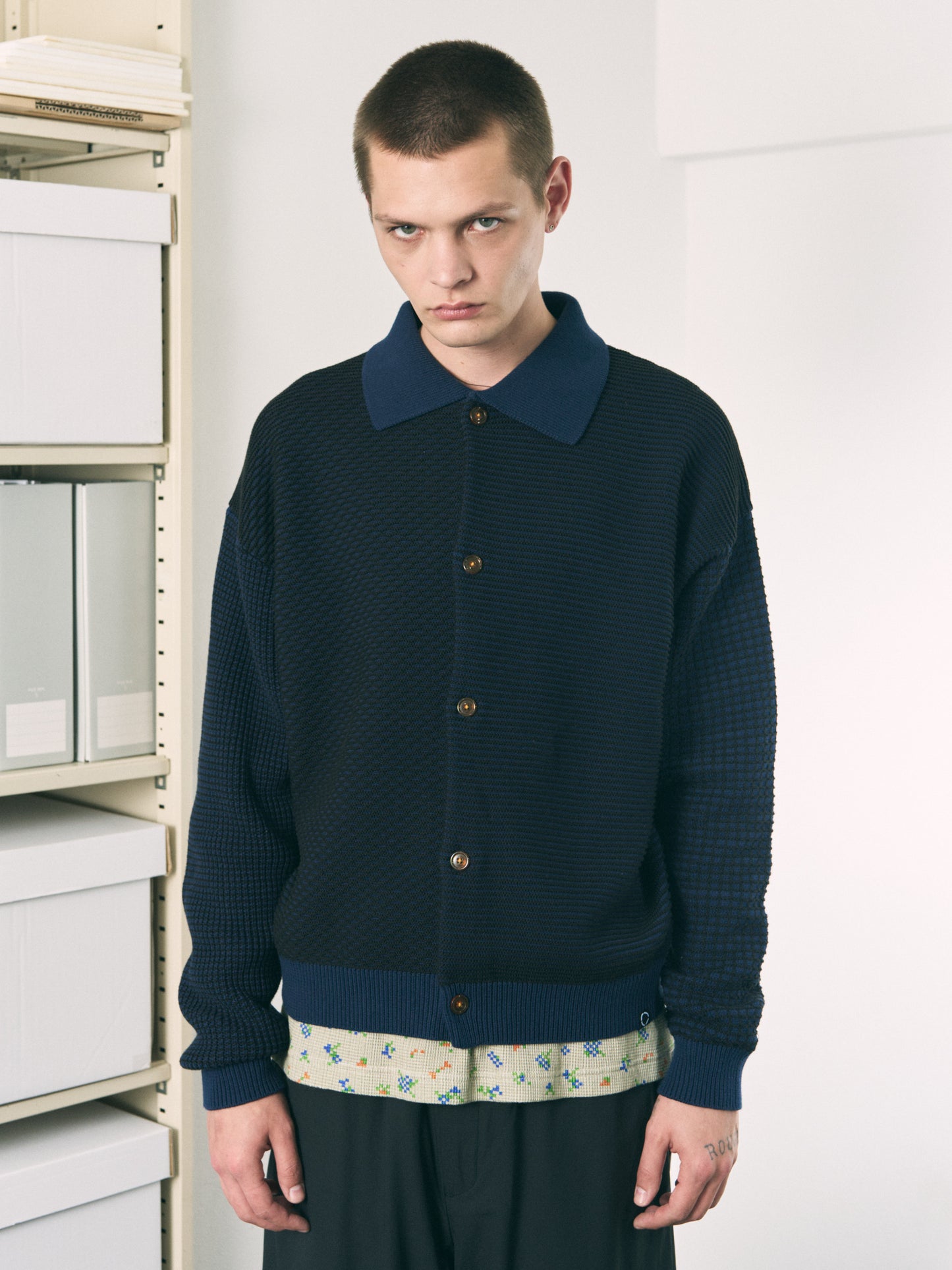 MULTI KNIT SHIRT JACKET GRAY × OATMEAL