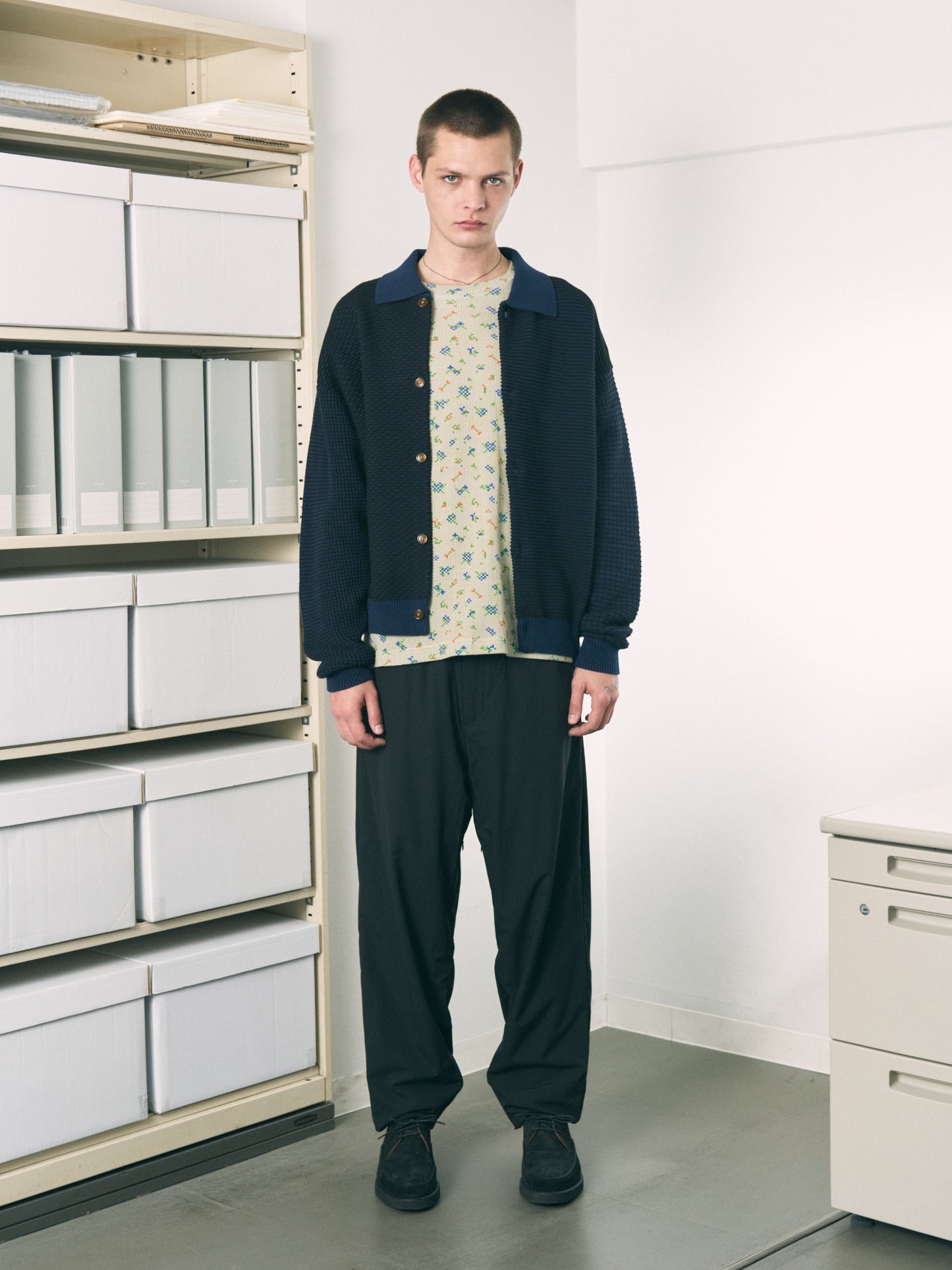 MULTI KNIT SHIRT JACKET GRAY × OATMEAL