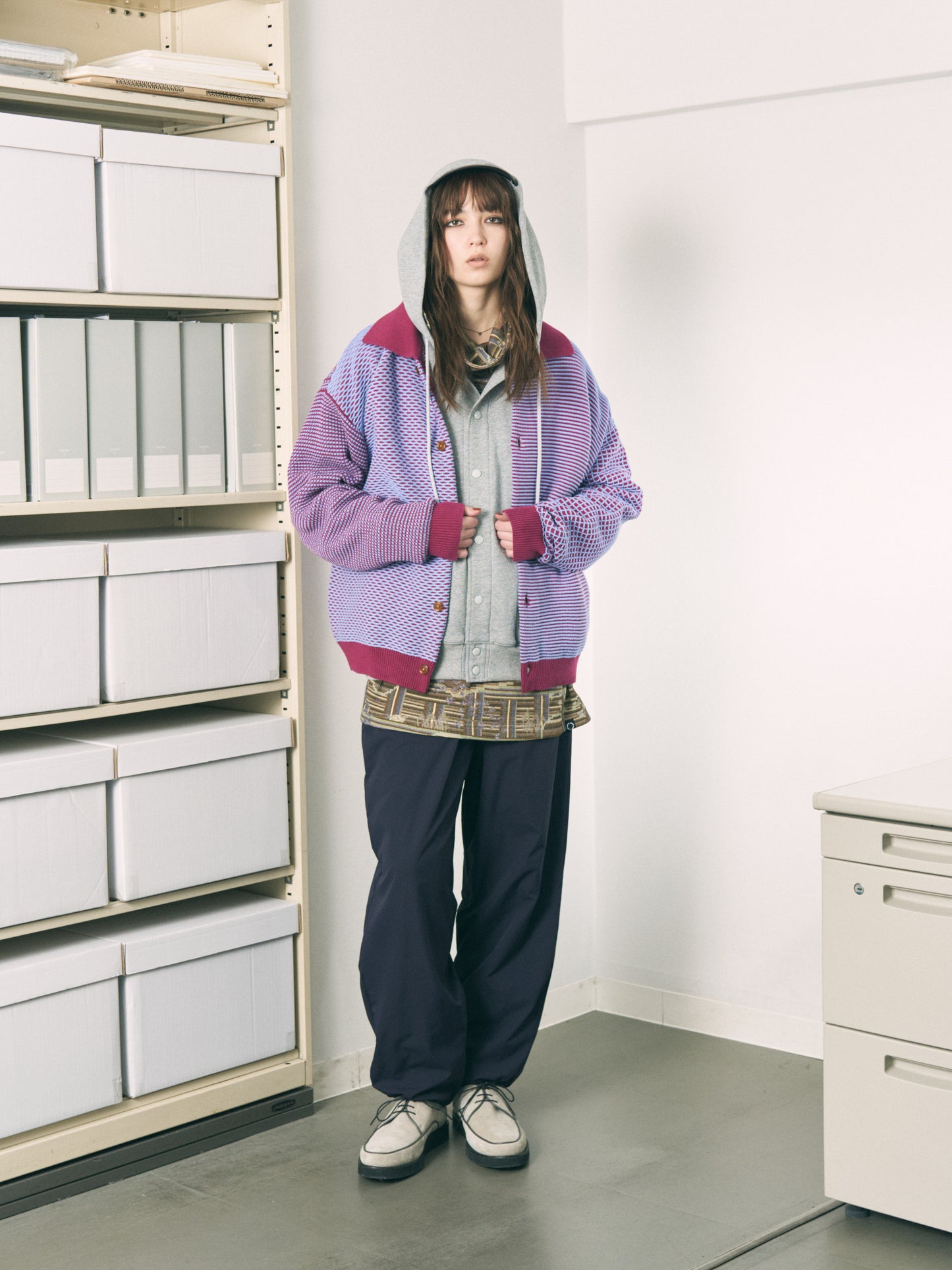 MULTI KNIT SHIRT JACKET GRAY × OATMEAL