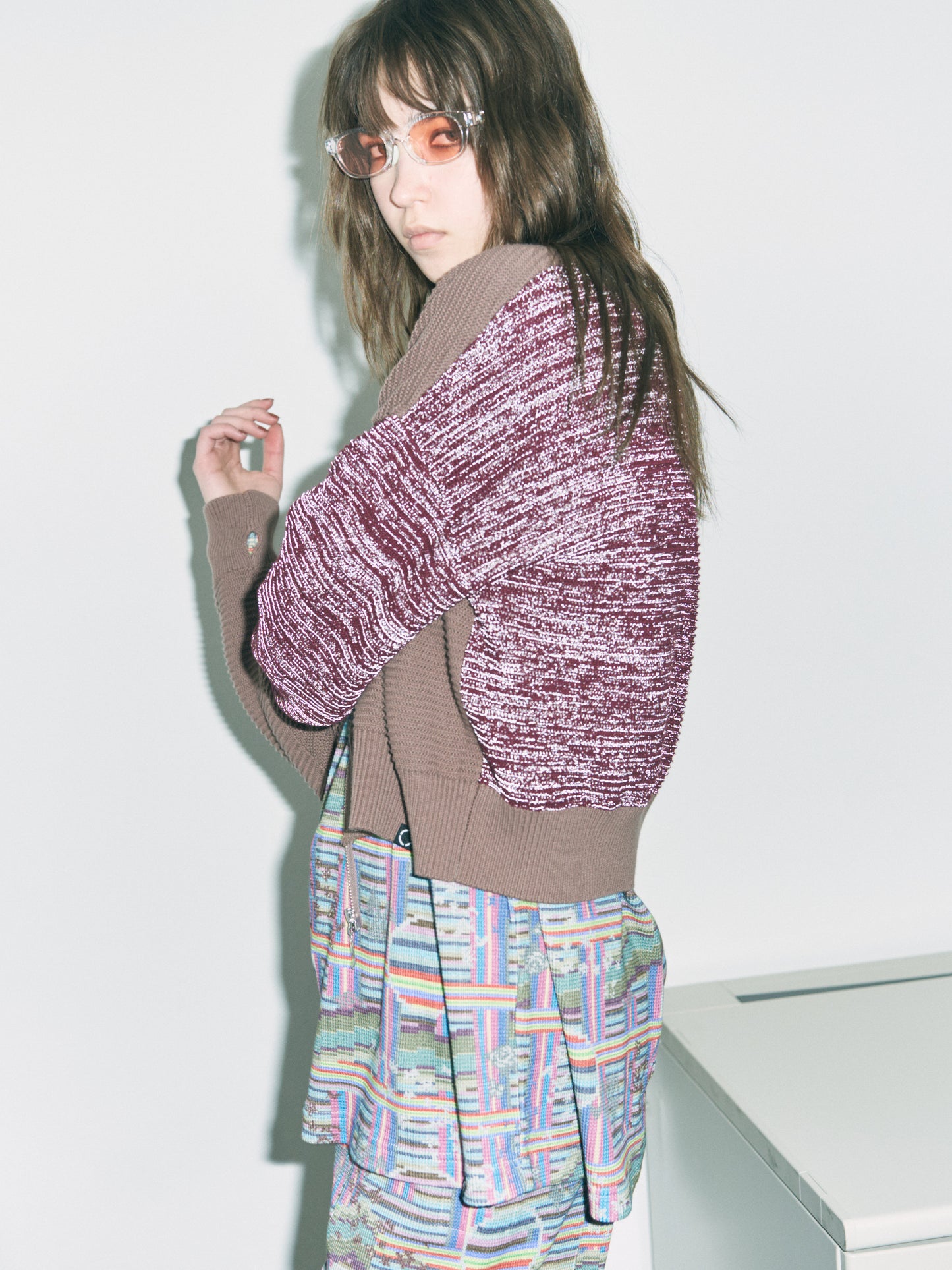 REFLECTIVE KNIT ZIP BOLERO BROWN