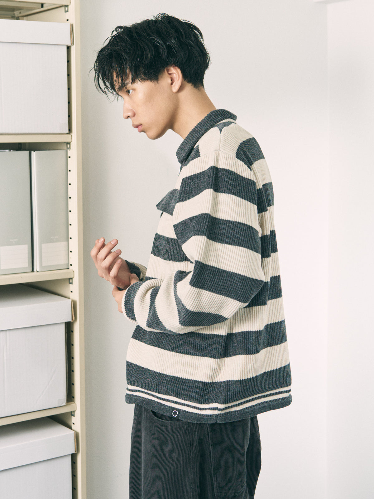 CORDY KNIT JACKET STRIPE GRAY × BROWN