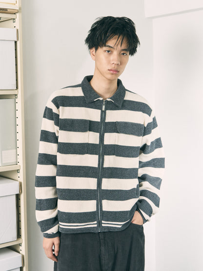 CORDY KNIT JACKET STRIPE GRAY × BROWN