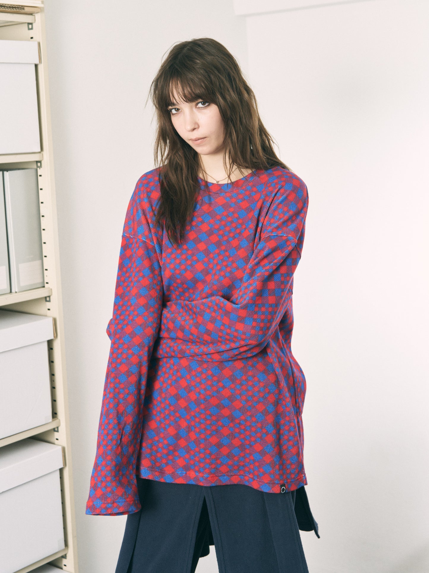 GINGHAM L/S WAFFLE THERMAL RED BLUE