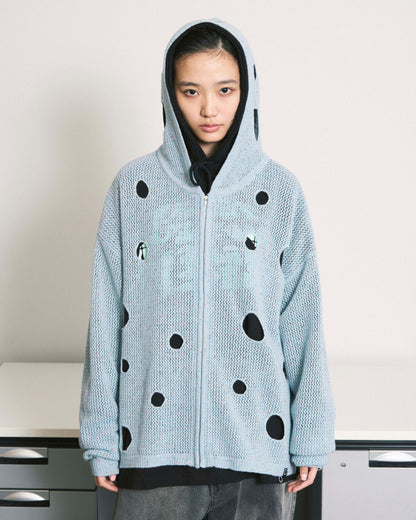 HOLE KNIT ZIP HOODIE SAX