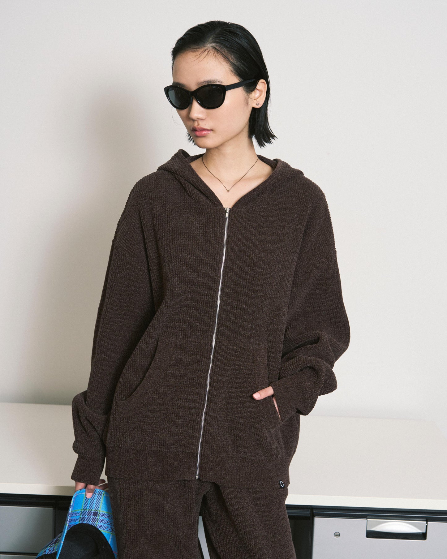 CORDY KNIT ZIP HOODIE BROWN