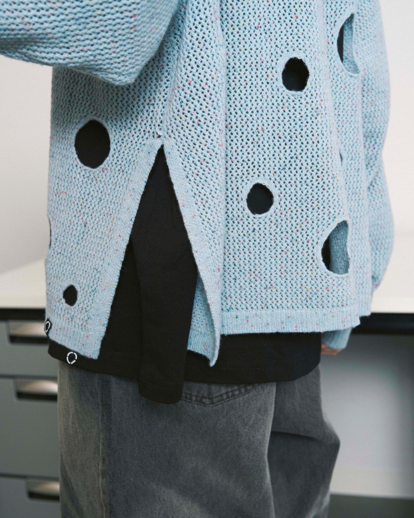HOLE KNIT ZIP HOODIE SAX