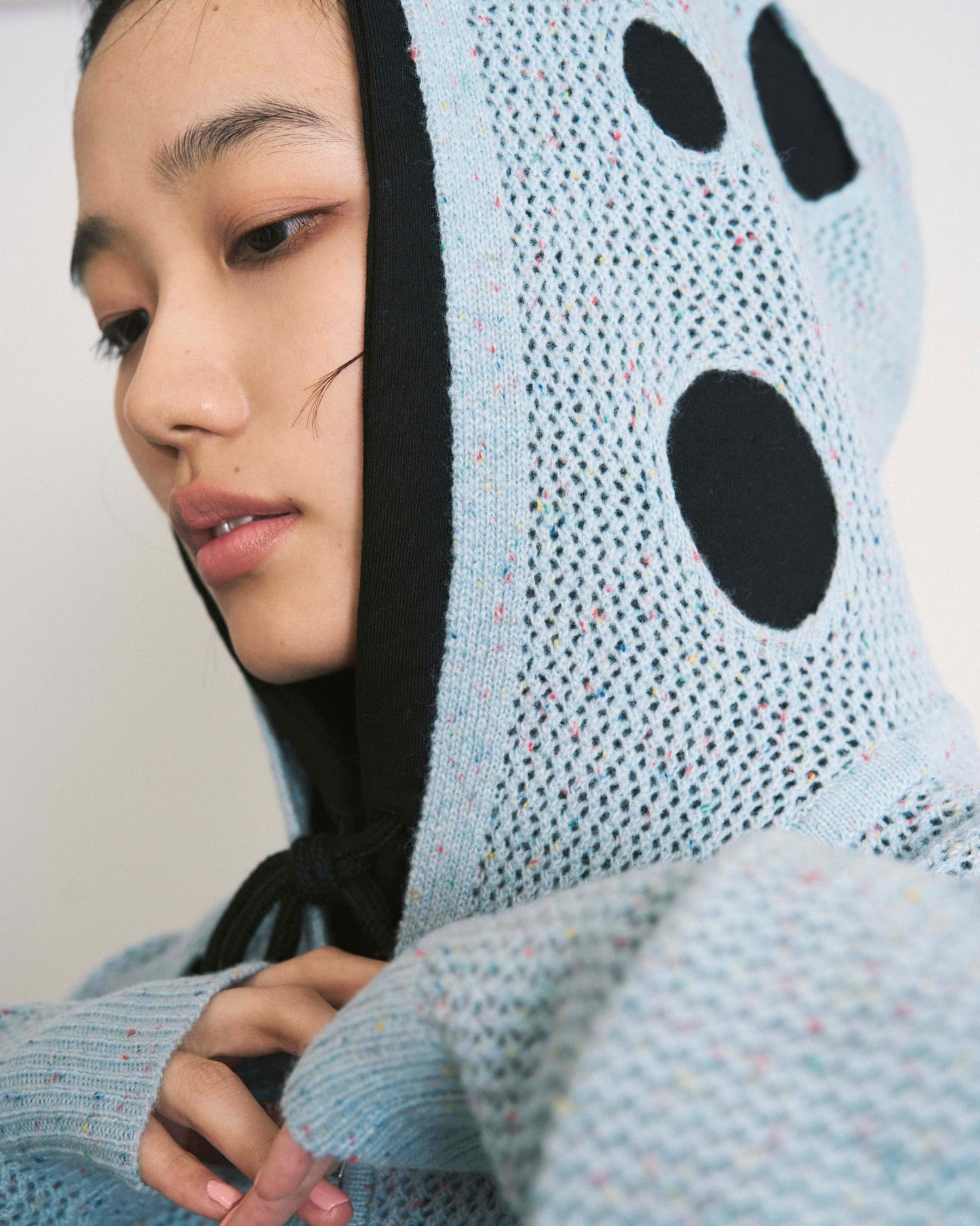 HOLE KNIT ZIP HOODIE SAX